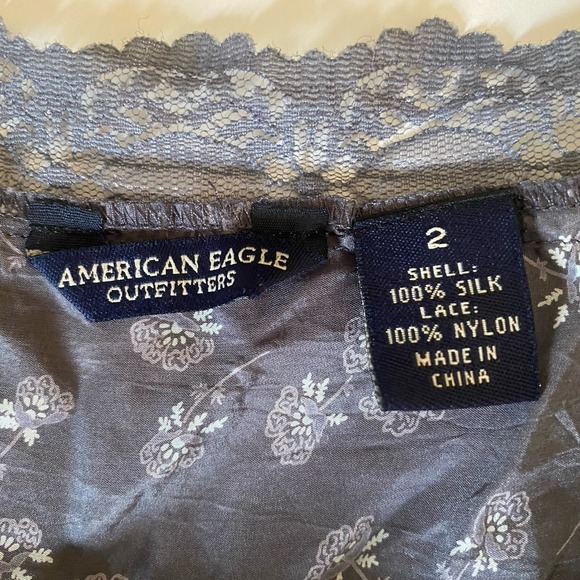 VTG Y2K American Eagle Silk Babydoll Cami Top Gray Lace Floral Fairy Grunge Sz 2 - Picture 2 of 10